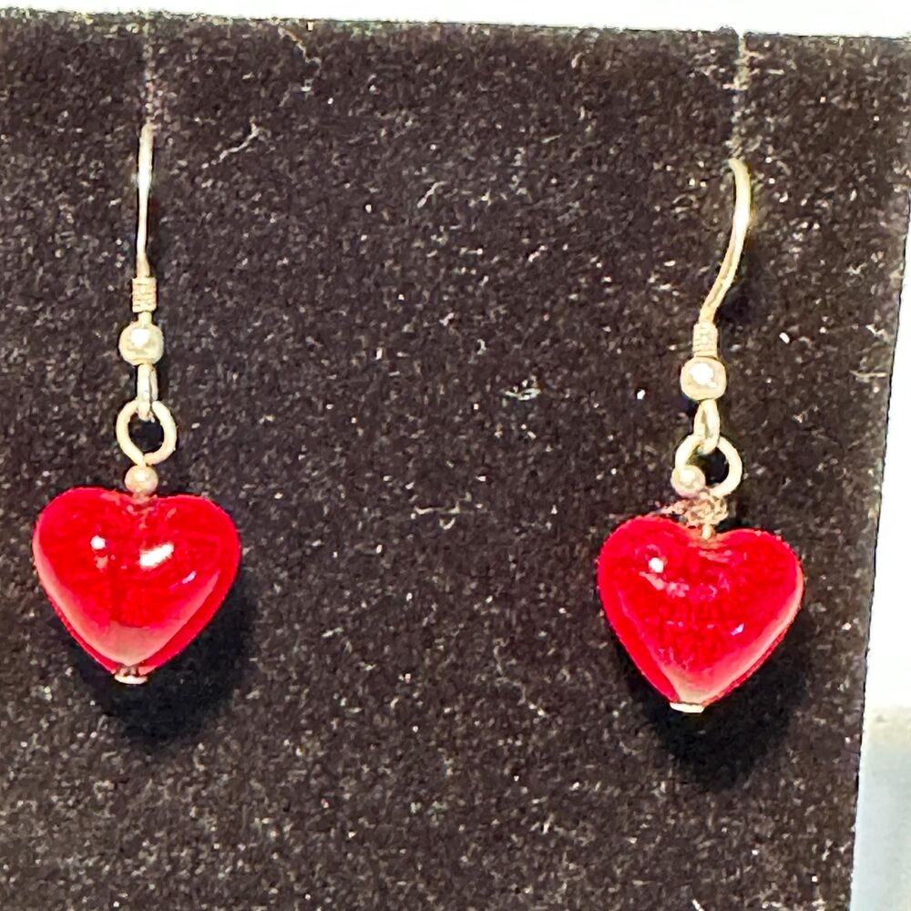 Sterling Silver Cherry Red Heart Dangle Earrings